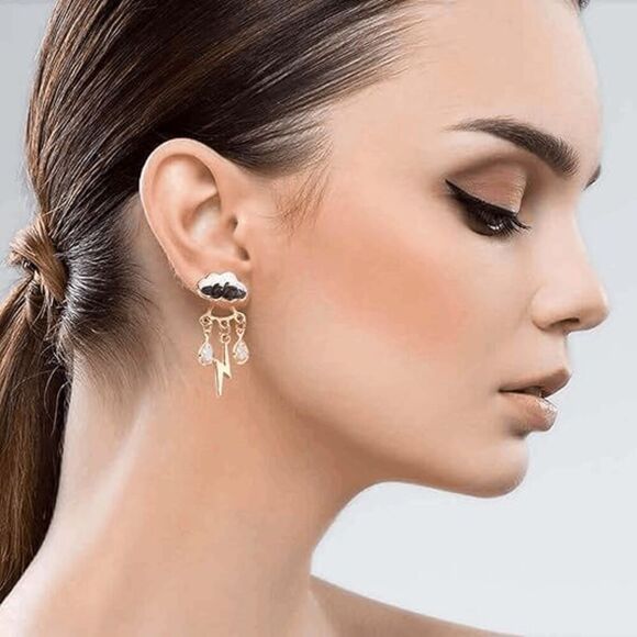 Rain Rainy Day Cloud Cloudy Lightning Bolt Earrings - Picture 2 of 3